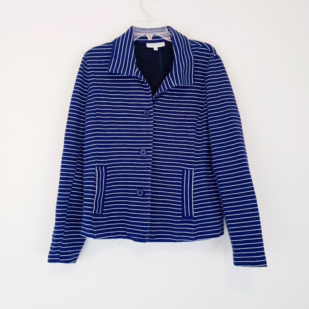 Talbots Navy Blue White Stripe Knit Jacket Blazer Size Large